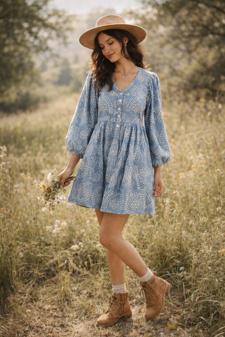 Madewell Indigo Paisley Mini Dress Medium Bubble Sleeve Boho Cottagecore